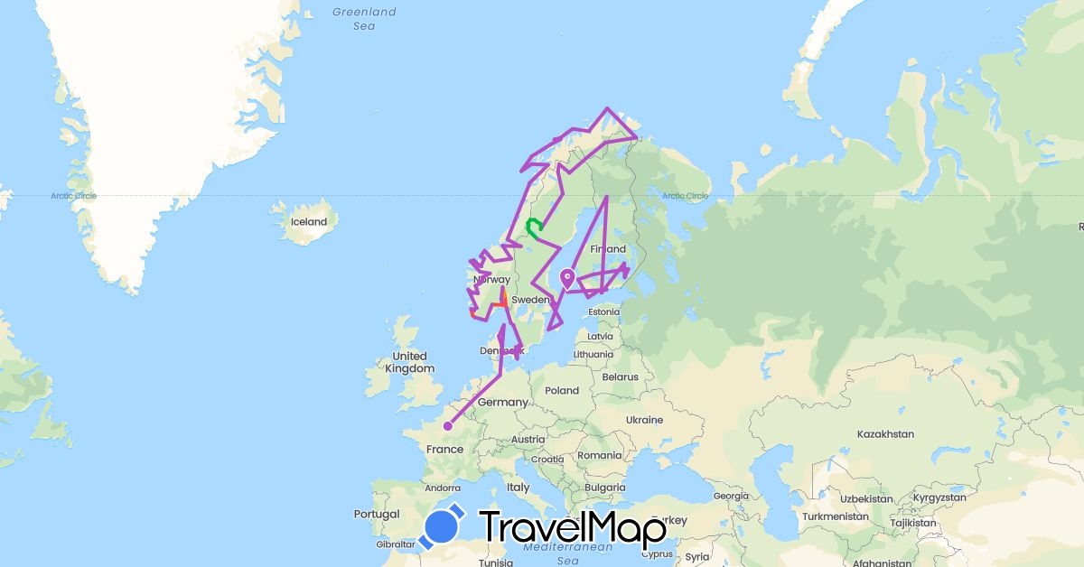 TravelMap itinerary: bus, train, hiking, hitchhiking in Germany, Denmark, Finland, France, Norway, Sweden (Europe)
